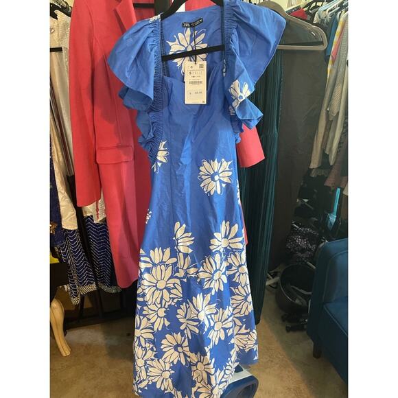 NEW ZARA 100% Cotton Flower Printed Blue Ruffle Dress - Picture 10 of 14